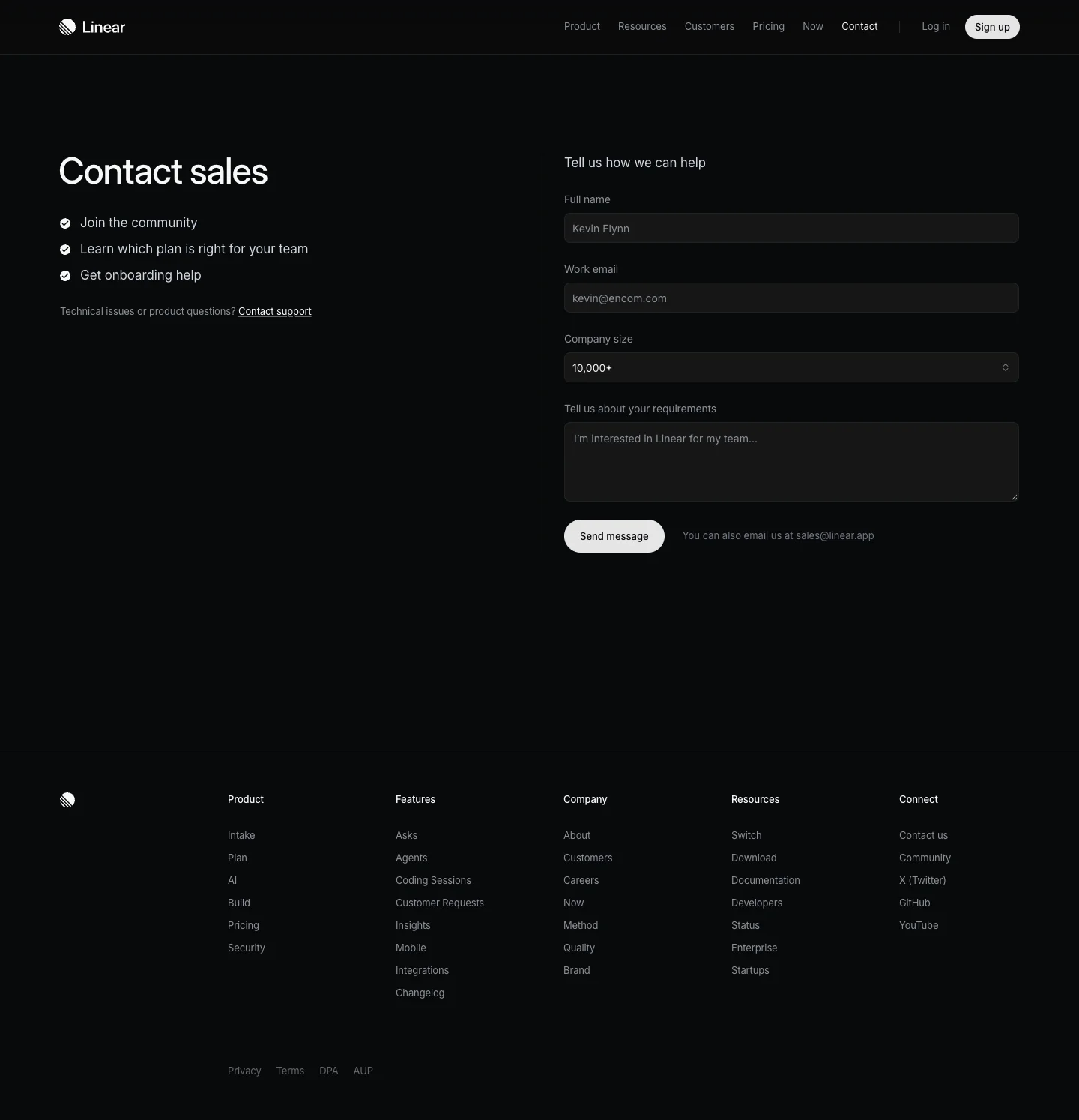 Contact Sales Page - Linear